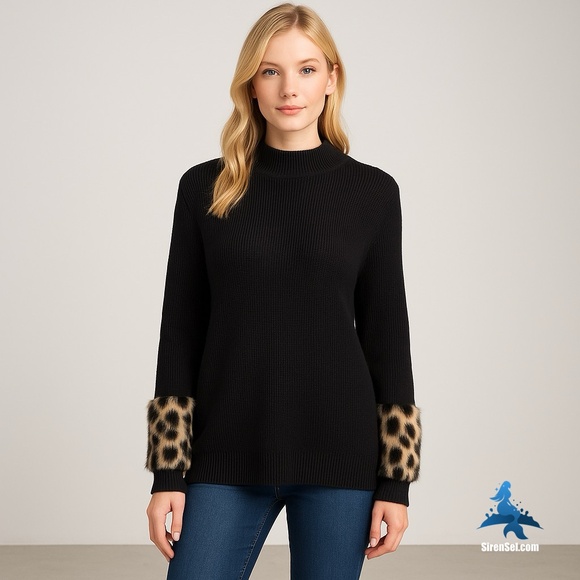 1126 Michael Kors Faux Fur Cuff Sweater Size L - Black/Leopard - Picture 2 of 14